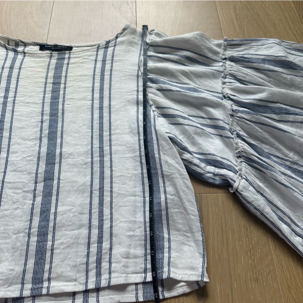 Women’s Flowy Ruffle Sleeve Boxy Crop Nautical Stripe Blue White Summer Large - Picture 7 of 10